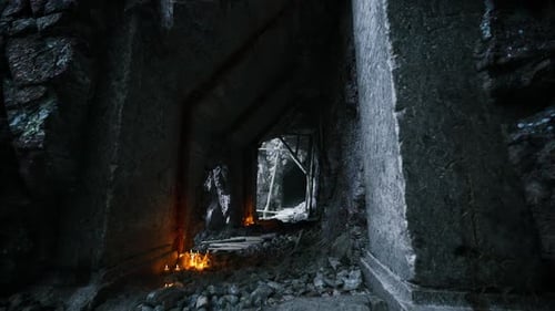 Mysterious Cave Interior with Flickering Flames Illuminating Stone Walls