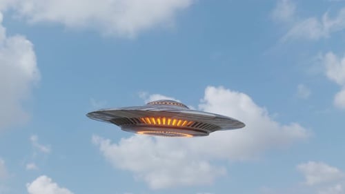 Futuristic Alien Flying Saucer Hovering in Blue Sky Animation