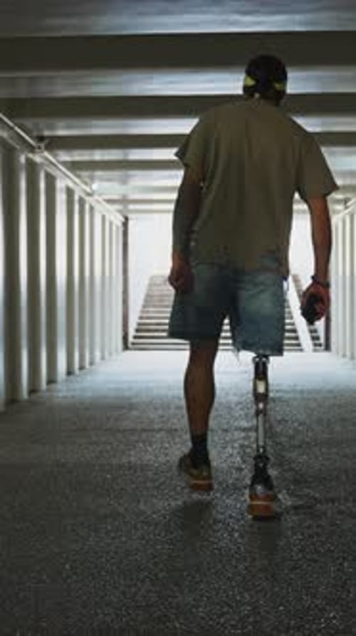 Marcher dans un couloir vide avec une prothèse de jambe en plein jour