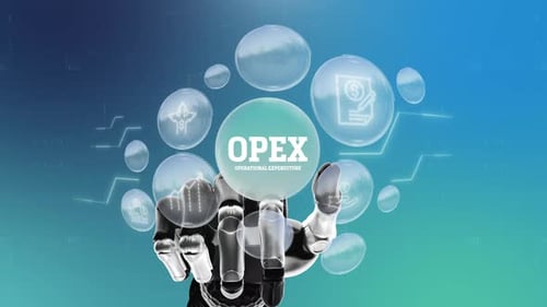 Futuristic Robot Hand Interacting with OPEX Business Concept Bubbles