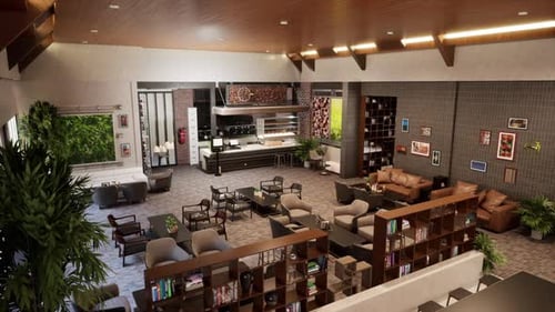 Warm and Modern Cafe Interior with Cozy Armchairs, Green Wall Panel