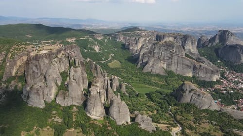 Amazing aerial view of Meteora rock formation in Greece home to the clifftop monastery of St. Stephe