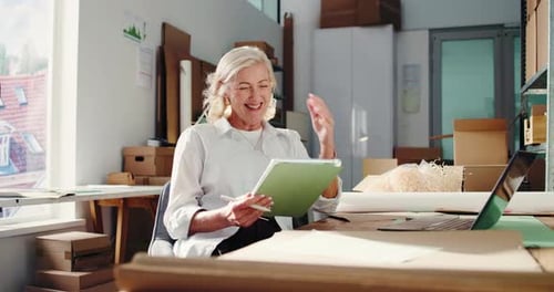 Laughing, ecommerce and tablet with woman in warehouse for delivery confirmation