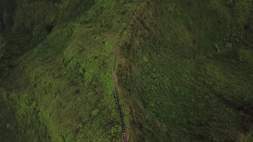 Aerial view of the trail up Haiku Stairs, Stairway to Heaven, on Oahu, Hawaii.