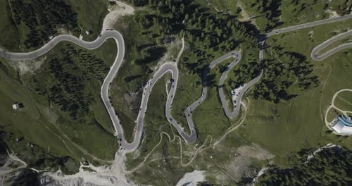Aerial view of Passo Gardena, Dolomites Mountains, Trentino, Italy.