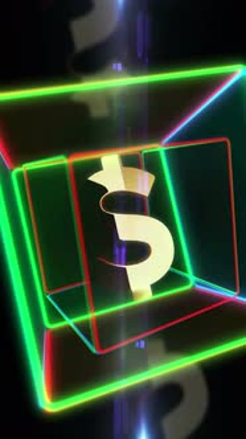Neon Dollar Sign Rotation in Glowing Geometric Cubes