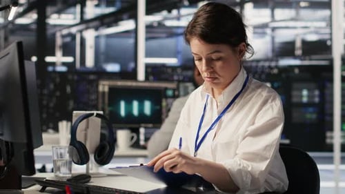 Focused Woman Working at Computer in Modern Office