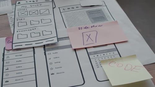 UI/UX Design Sketches on Wooden Table