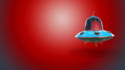 3D Cartoon UFO Flying on Red Background