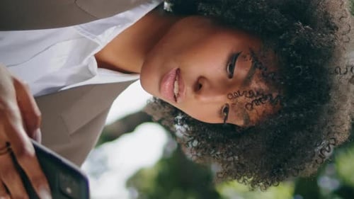 Gorgeous Woman Typing Smartphone Outdoors Close Up Girl Using Mobile Vertically