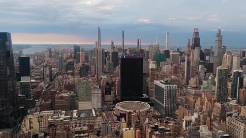 Aerial View of New York City's Skyline During Late Afternoon Highlighting Iconic Landmarks and