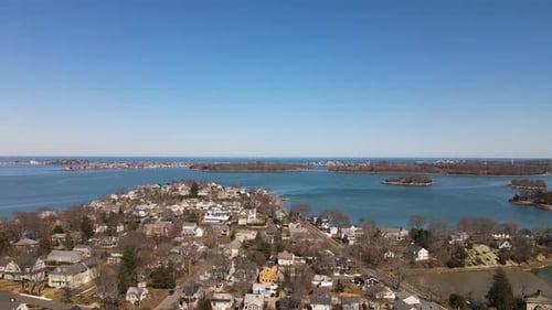 Aerial Drone footage of Hingham Bay, Hull Bay and Boston Harbor. Pan Right to Left