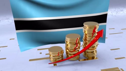 Botswana Flag With Gold Coins Tower And Up Arrow