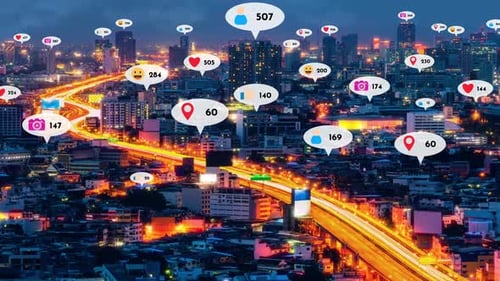 Social Media Icons Fly Over City Downtown Showing People Reciprocity Connection