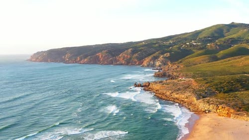 Aerial View Scenic Rocky Ocean Coastline and Beach