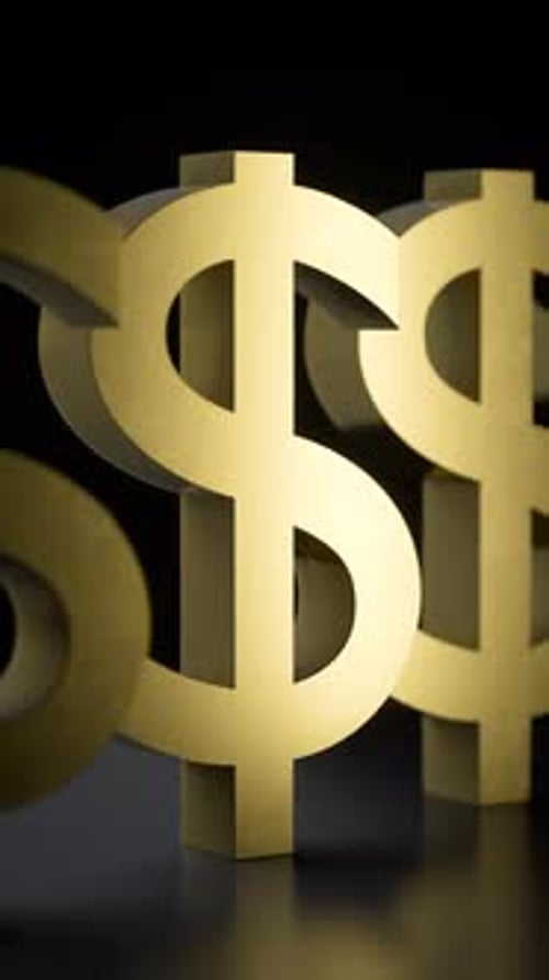 Vertical Video Slow Looping Pan Over a Line of Gold Dollar Symbols with High Contrast Lighting