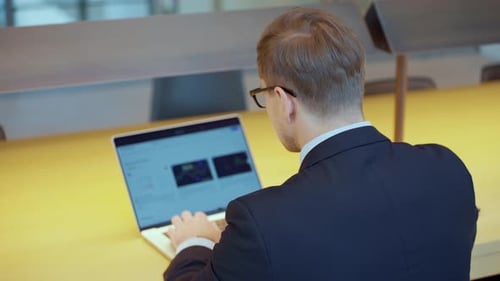 Back view of business man working on laptop PC sitting by the desk