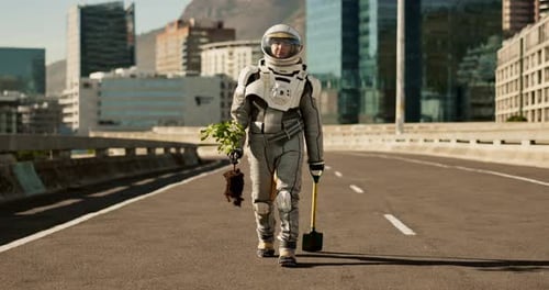 Travel, planet and astronaut with plant for nature, environment and ecosystem restoration