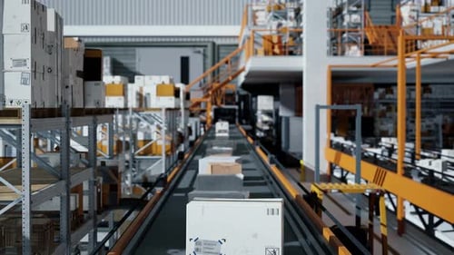 Loop Transmitting Of Packaging Box On The Conveyor Belt, 3D Rendering