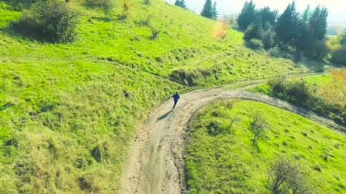 Young Fit Athlete Running in Green Sunny Autumn Nature