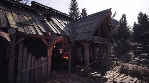 Rustic Cabin with Wooden Architecture Nestled in a Forest at Sunset
