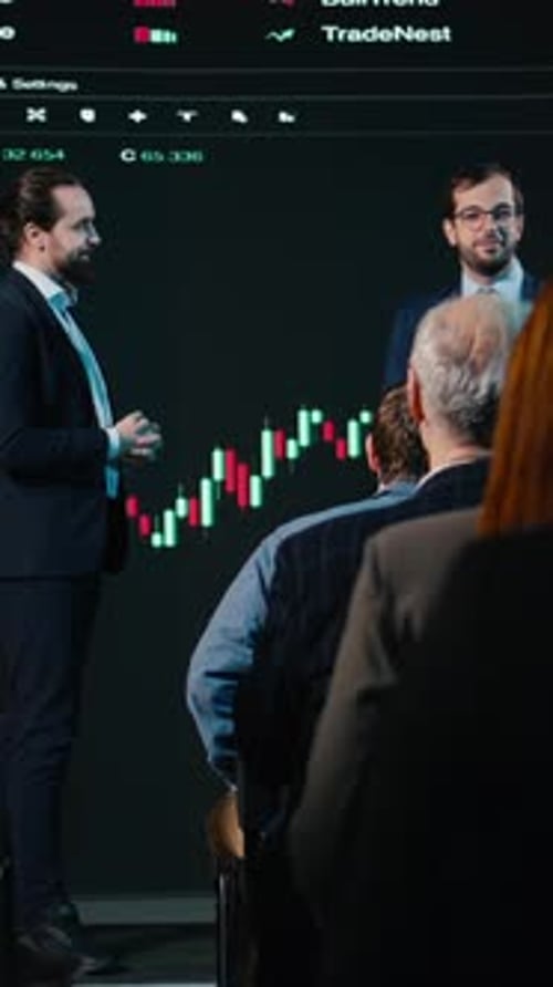 Vertical Video Professional Male Speakers Host Day Trading Presentation at Business Conference