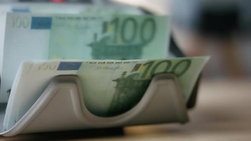 European Currency Bills Counting By Automatic Calculation Machine Macro View. Hundred Euro Bankno...