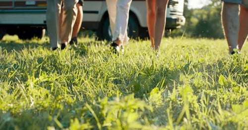 Friends Gather Around Van in Sunny Grassy Field