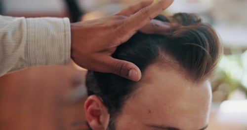 Barbershop, hand and men with hair care, beauty and styling with salon treatment