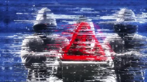 Hooded Hackers with Laptop and Glitch Warning Symbol