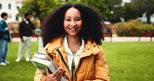University, campus and face of woman with books outdoor for learning, education and studying