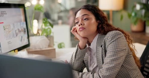 Computer, bored and night with business woman in office for fatigue, frustrated and deadline