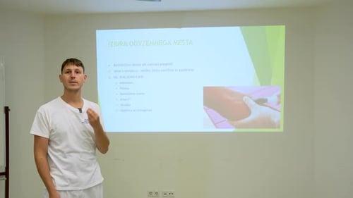 Nurse giving a theoretical lecture on how to draw blood. Time lapse