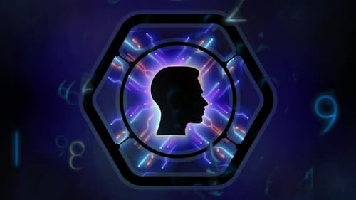 Swirling Numbers Around Man Head Icon with Computer Circuits Animation