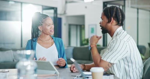 Tablet, business people and handshake for partnership in office, deal or agreement