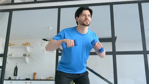 Man Working Out at Home with Dumbbells