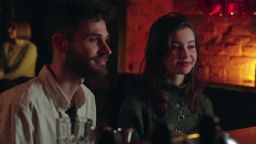 Beautiful Couple Speaking Each Other in New Bar They Smile and Happy Drinking Alcohol Young Students