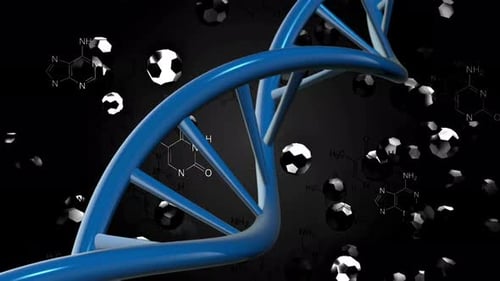 Rotating 3D Blue DNA Helix with Chemical Structures Background
