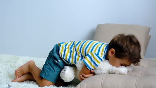 Young Boy Cuddling Plush Rabbit Comfortably Indoors