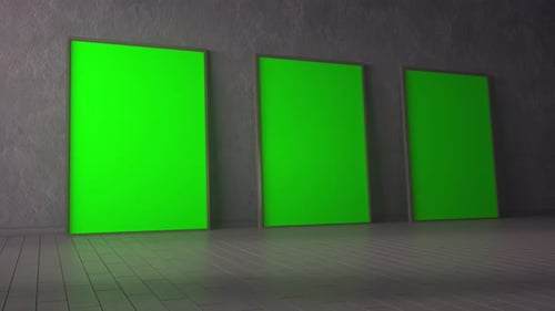 Three Vertical Green Screen Posters on Dark Wall in Minimalist Interior