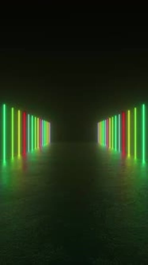 Explore a tunnel of neon lights illuminating a dark room in this mesmerizing video.
