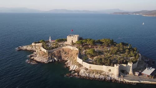 Aerial view of scenic castle on Guvercinada Island at Kusadasi