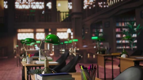 Refined Vintage Library with Wooden Shelves and Classic Green Lamps