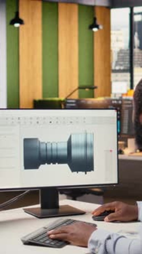 Engineer in Office Working on Wind Turbine CAD Design for Improved Technology