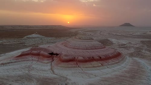Aerial view of layered rock formations, Kazakhstan.