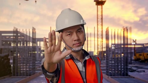 Close Up Of Asian Male Engineer Disapproving With No Hand Sign at Construction Site