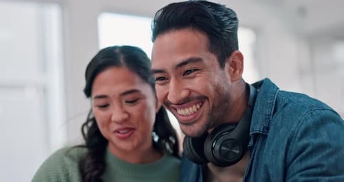 Happy, people and creative collaboration on project with employees or friends in Singapore office