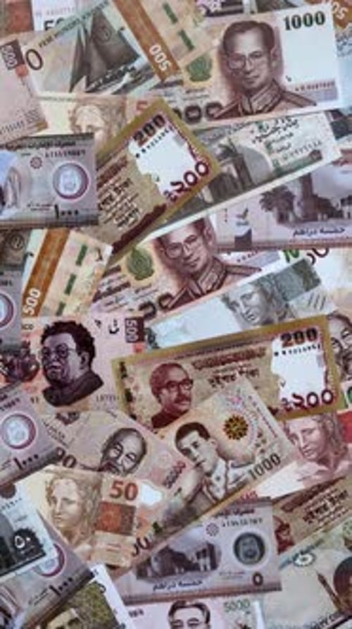 Geldhintergrund, Geldwechsel, Papierbanknoten aus verschiedenen Ländern. Geld, Bargeld, Währung