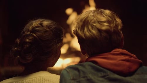 Close Up Couple Enjoy Burning Fire on Date Back View. Two Lovers