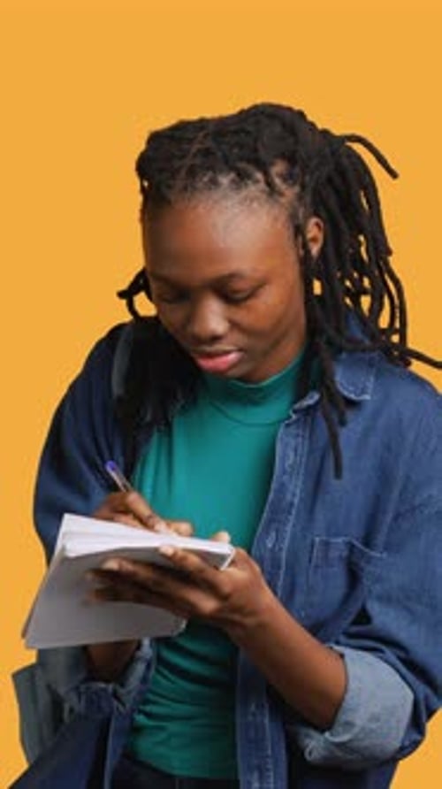 Vertical Video Girl with Bad Eyesight Squinting Eyes Trying to Read Studio Background